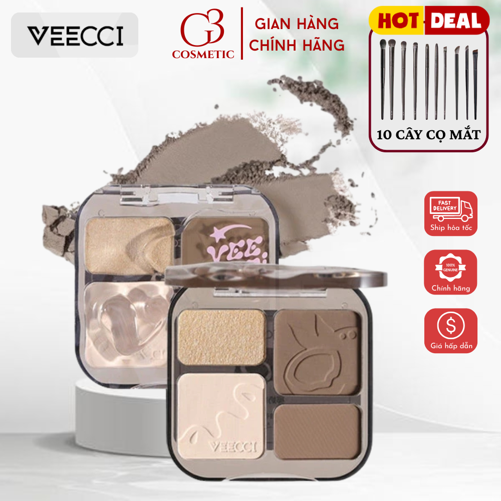 Bảng phấn tạo khối VEECCI bắt sáng highlight 4 màu tự nhiên lâu trôi chống nước có tích hợp má hồng 