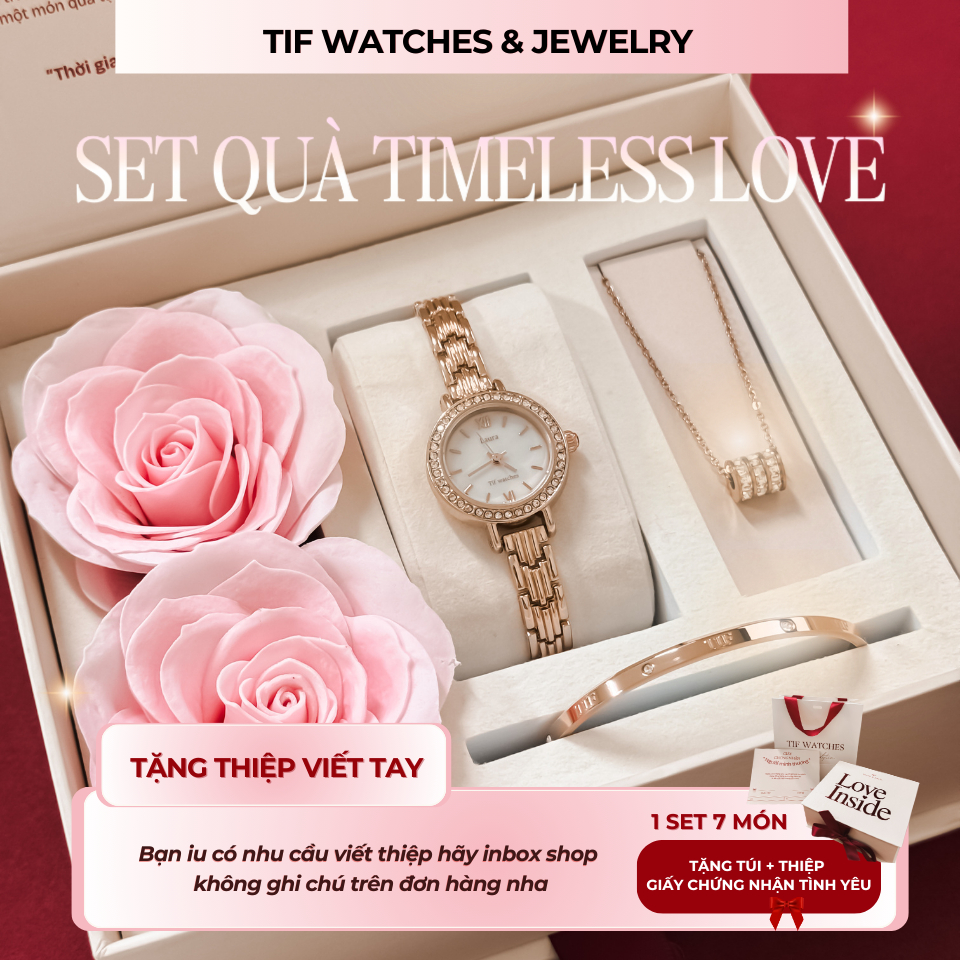 [Quà Sinh Nhật - Kỷ Niệm] Bộ Trang Sức Đính Đá Cao Cấp TIMELESS LOVE Tif Watches Đồng Hồ Vòng Tay Dây Chuyền Phụ Kiện Nữ