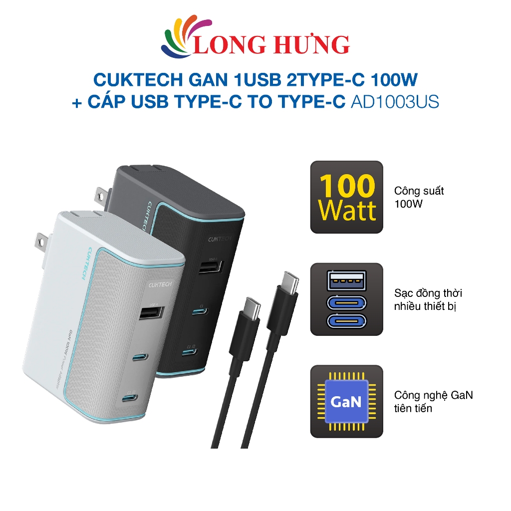 Combo cốc sạc Cuktech GaN 1USB 2Type-C 100W + Cáp USB Type-C to Type-C AD1003US - Hàng chính hãng