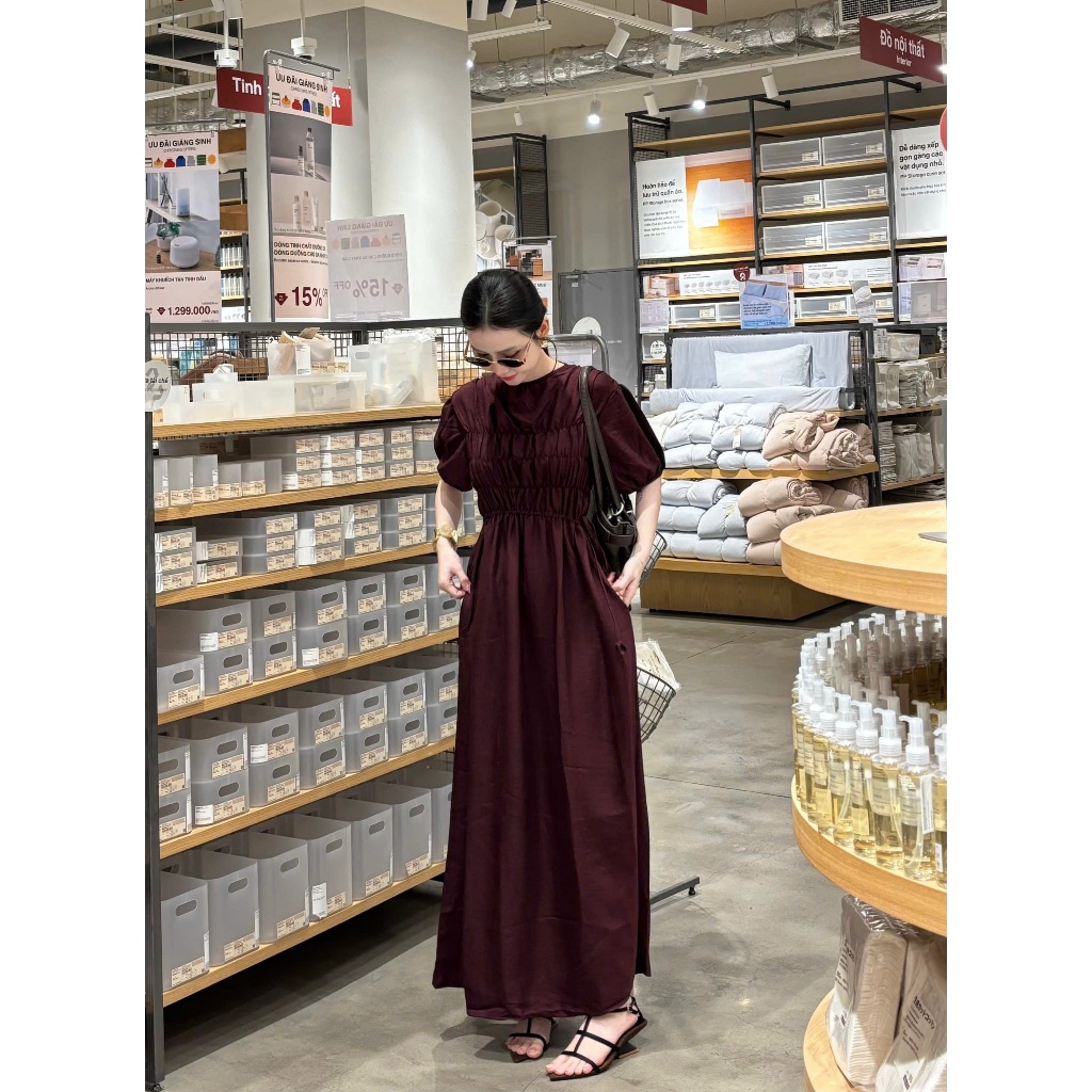 Đầm Tay Bồng Phối Dây Rút Chất Bông Gãy Dáng Dài, Váy Thiết Kế Kiểu Dáng Thanh Lịch Nữ Tính Hiện Đại D176 CEBA BOUTIQUE