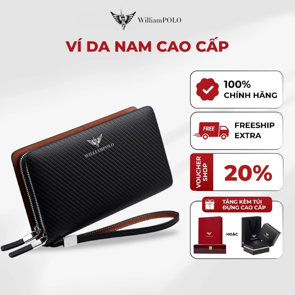 Ví nam cầm tay da bò cao cấp WilliamPOLO dáng đứng sang trọng, tiện lợi phù hợp mọi phong cách POLO170