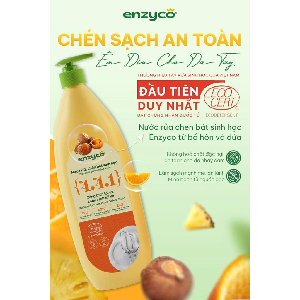 Nước Rửa Chén Bát Sinh Học Enzyco (Hương Cam) 870ml