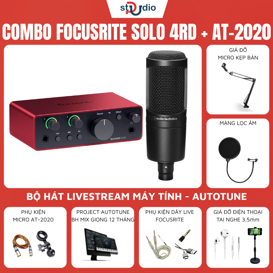 Combo Thu Âm Focusrite Scarlett Solo Gen 4 & Micro AT2020 - Hát Livestream, Podcast Chuyên Nghiệp (C