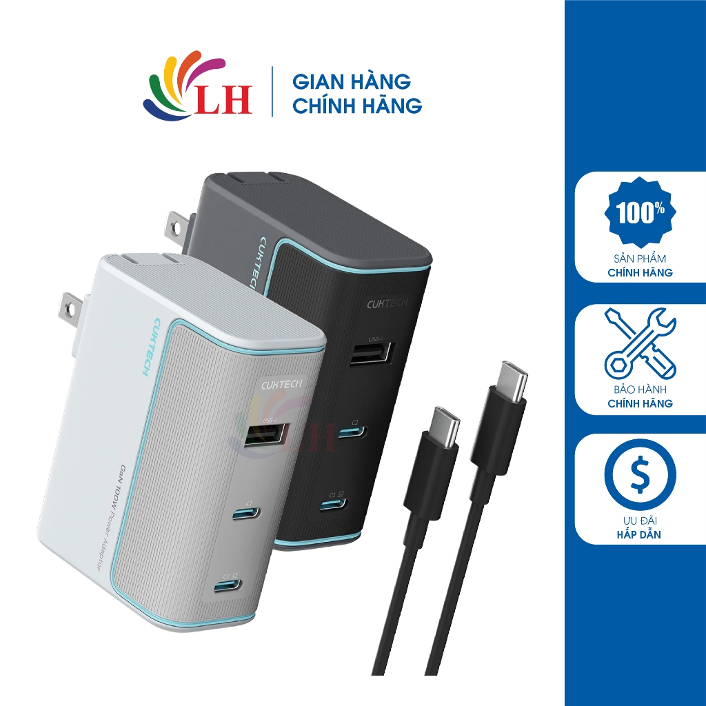 Combo cốc sạc Cuktech GaN 1USB 2Type-C 100W + Cáp USB Type-C to Type-C AD1003US - Hàng chính hãng