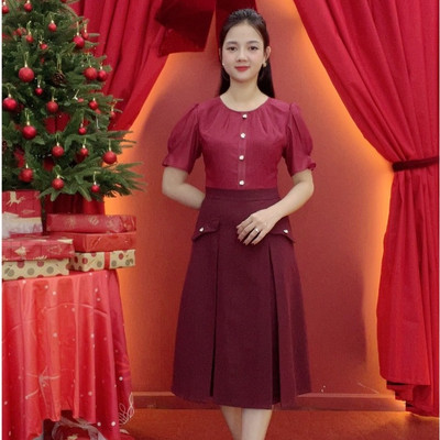 Đầm form A trung niên - Cổ tròn xếp ly tay ngắn - Đỏ - TTV2017