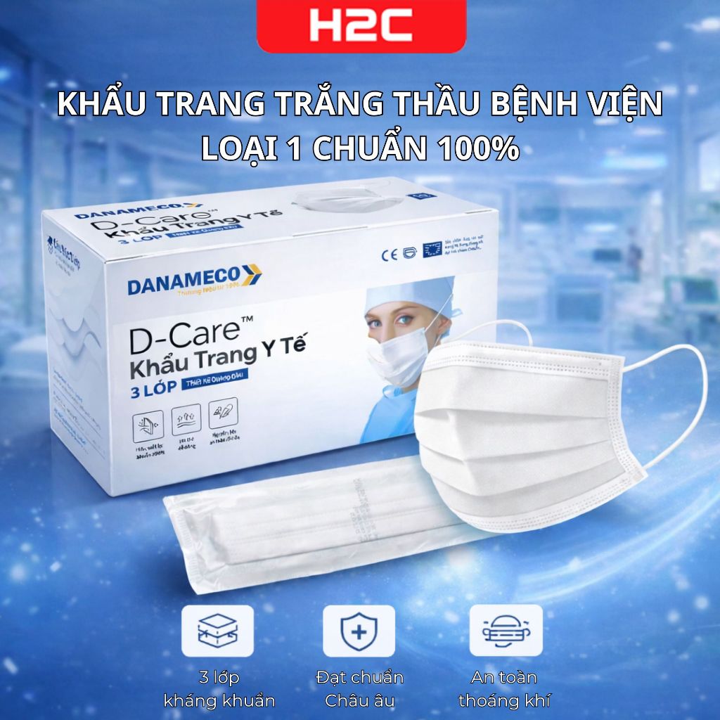 Khẩu trang y tế Danameco tiệt trùng từng chiếc 3 lớp kháng khuẩn màu trắng H2C