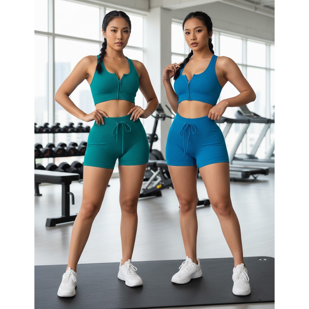 Thanh lý fullset quần short và áo bra khóa kéo GM001, co giãn 4 chiều, mặc mát, giá cực tốt