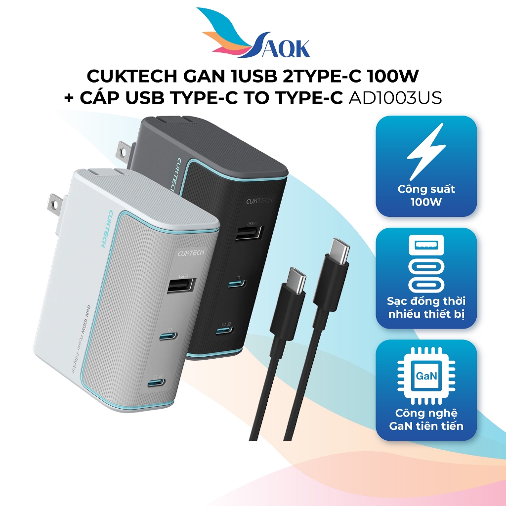 Combo cốc sạc Cuktech GaN 1USB 2Type-C 100W + Cáp USB Type-C to Type-C AD1003US - Hàng chính hãng