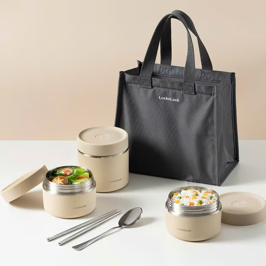Bộ hộp cơm giữ nhiệt LocknLock LHC8052-S02 (2 hộp 300ml, 1hộp 500ml, túi giữ nhiệt, bộ đũa thìa)