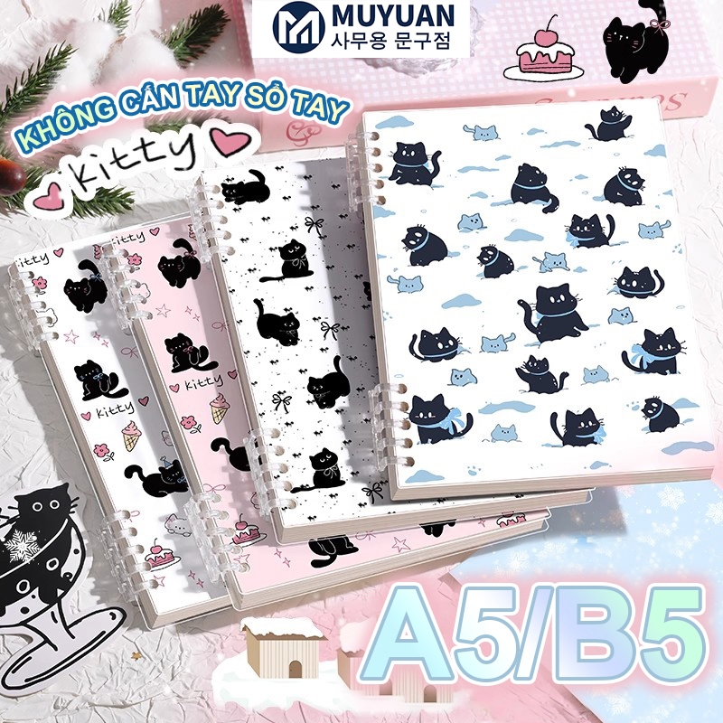 MUYUAN문구점---B5 Sổ còng,họa tiết mèo dễ thương, 120 trang giấy 80g, bìa nhựa PP chống nước