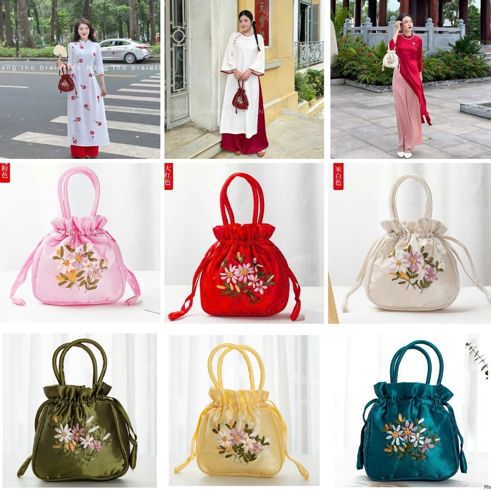 Túi Xách Dây Rút Thêu Hoa Mặc Áo Dài