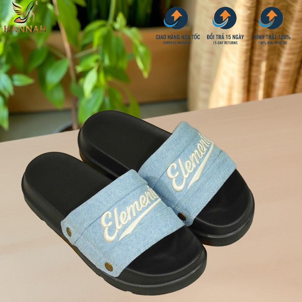 [ĐÍNH TÁN] E18 Dép Elements vải jean đế bằng nam nữ (Slipper) Dép ELements Iconic Denim Unisex chữ t