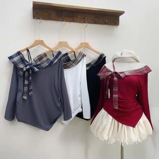 Áo Thun Kiểu Bigsize Nữ Tiểu Thư Trễ Vai Cột Nơ Dài Tay Vạt Nhọn Thun Tăm Co Giãn Phối Caro Thô Mềm - A333 