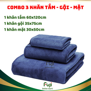 Bộ 3 khăn tắm gội mặt: 60x120, 35x75, 30x50cm: đủ kích thước dùng trong phòng tắm, khăn mềm mại, thấm hút, không ra lông