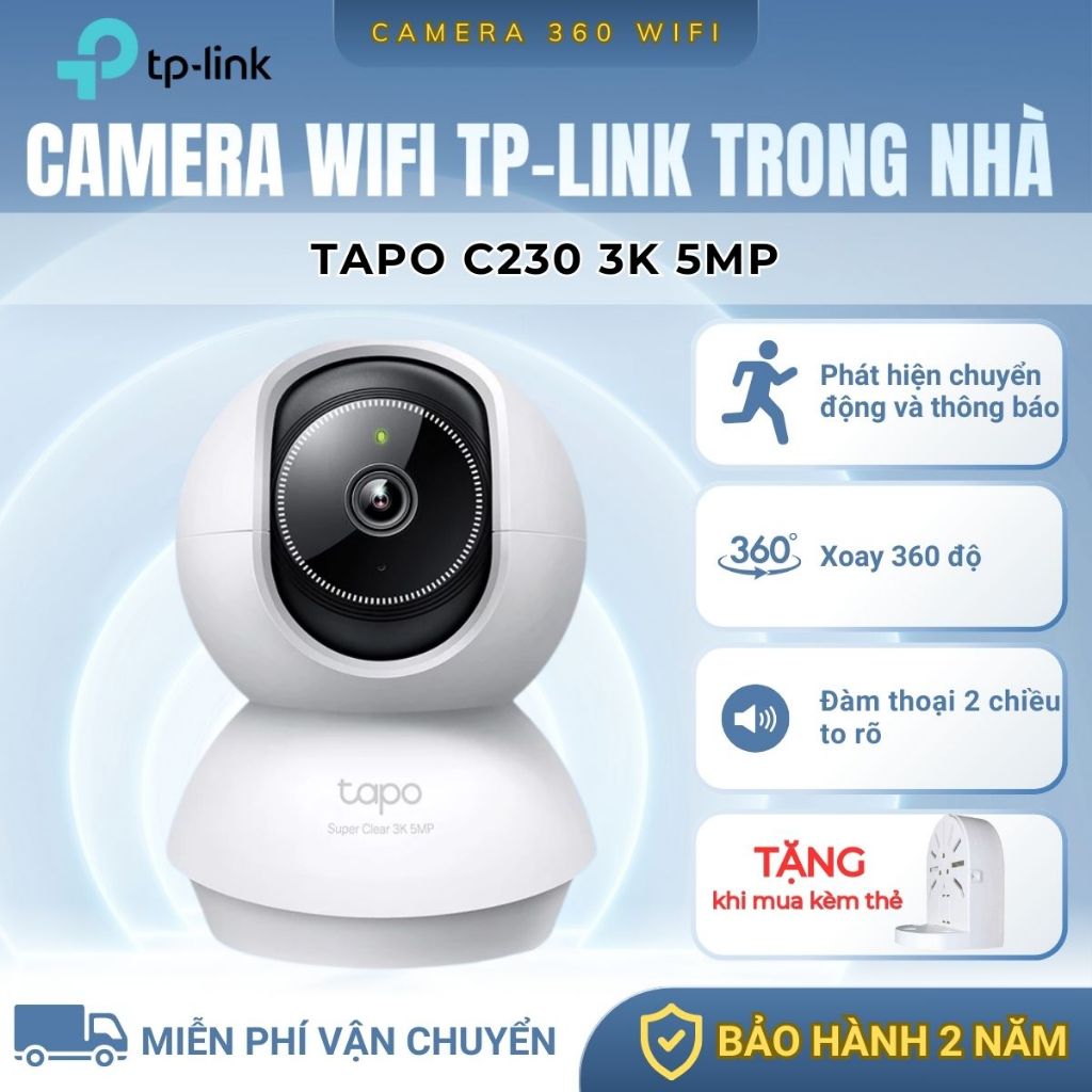 Camera Wifi Trong Nhà TP-Link Tapo C230 5MP, Quay Quét 360 Độ, Còi Và Đèn Báo Động, Phát Hiện AI, Bả
