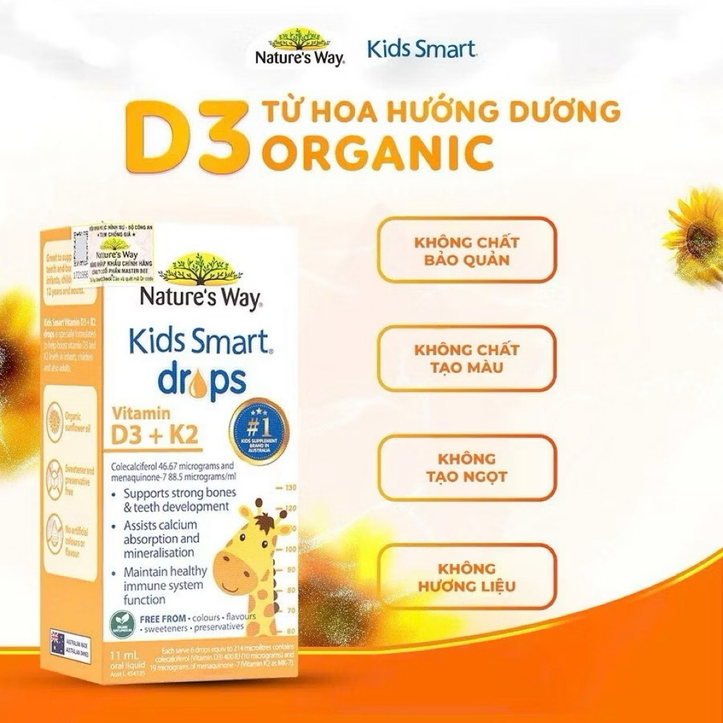 Vitamin D3k2 organic Nature's Way, D3K2 drop cho trẻ sơ sinh từ hoa hướng dương hữu cơ 11ml