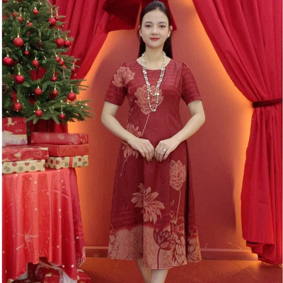 Đầm suông xòe - Cổ tròn tay ngắn - CV - Đỏ hoa - TTV2021