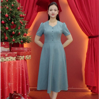 Đầm xòe trung niên - Cổ vuông tim kết nút tay ngắn - Xanh - TTV2022