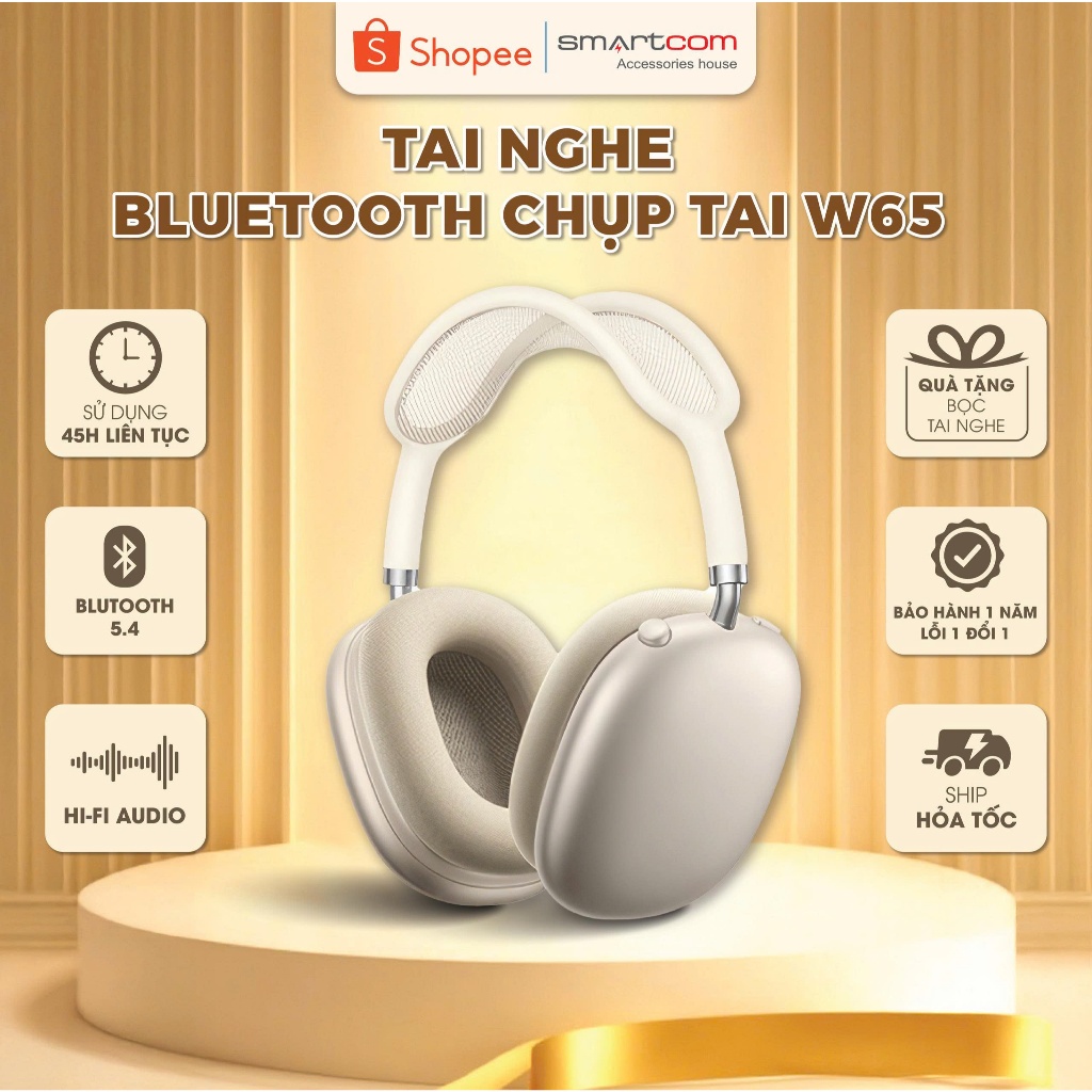 Tai nghe chụp tai Hoco W65 chính hãng kiểu dáng gọn nhẹ, kết nối Bluetooth v5.4 siêu nhạy