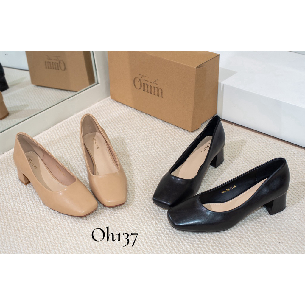 Omm OH137 Giày gót vuông 3,5cm mũi vuông da mềm