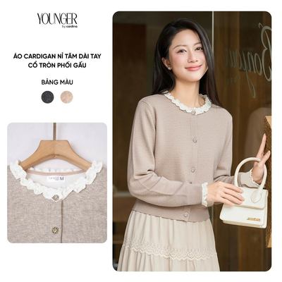 Áo cadigan nữ YOUNGER BY CARDINA chất liệu nỉ tăm dài tay cổ tròn phối gấu 5YALD07