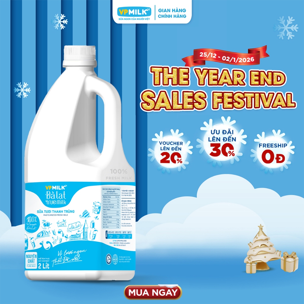  Chỉ giao HCM  Sữa Tươi Thanh Trùng VPMilk Đà Lạt True Milk - Không Đường 2 LÍT 