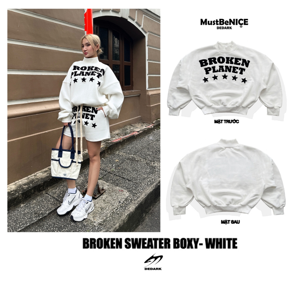 Áo khoác 𝐁𝐑𝐎𝐊𝐄𝐍 WHITE SWEATER Boxy DEDARK nam nữ unisex