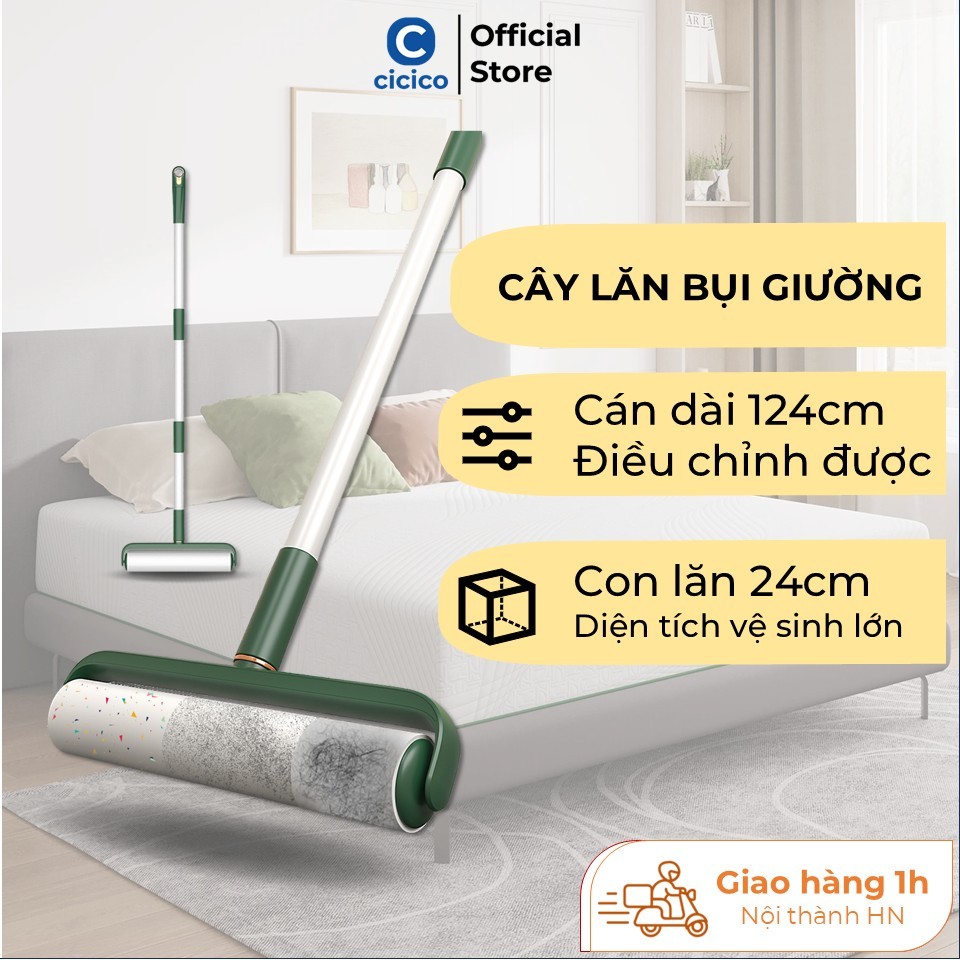 Cây lăn bụi giường cán dài kèm lõi lăn bụi 24cm, lăn bụi sàn nhà, giường nệm, thảm, rèm.