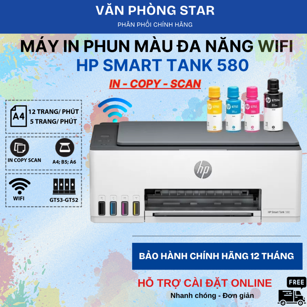 Máy In Phun màu HP Smart Tank 580 – In Màu WiFi/ Copy/ Scan -  Lý Tưởng Cho Doanh Nghiệp Vừa & Nhỏ