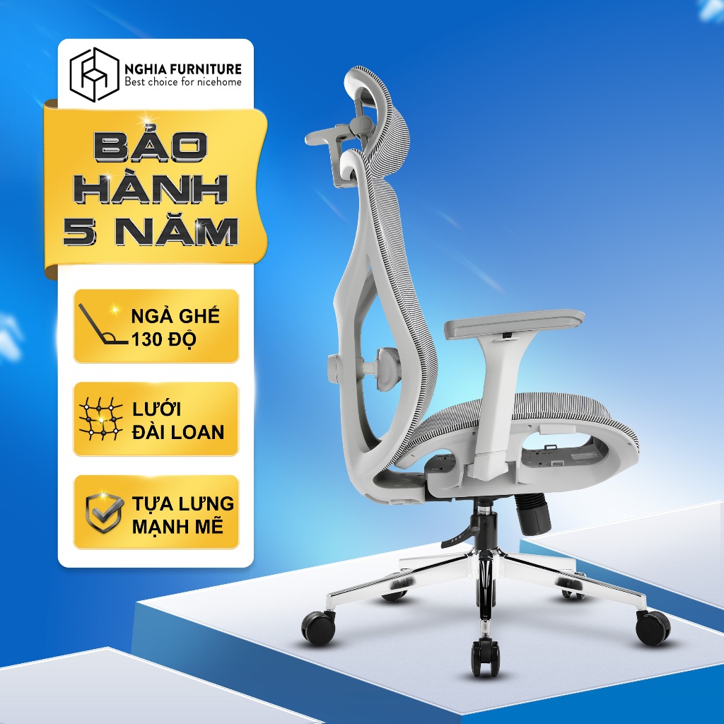 Ghế công thái học Nghia Furniture SMA-10, ngả ghế 130 độ, lưng 2D, bảo hành 5 năm