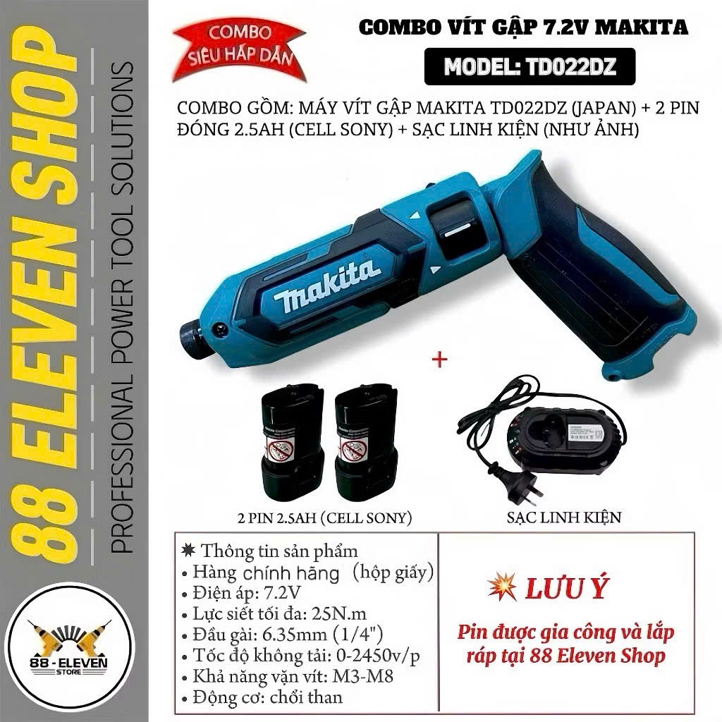 Combo Máy Vít Gập 7.2V Makita TD022DZ
