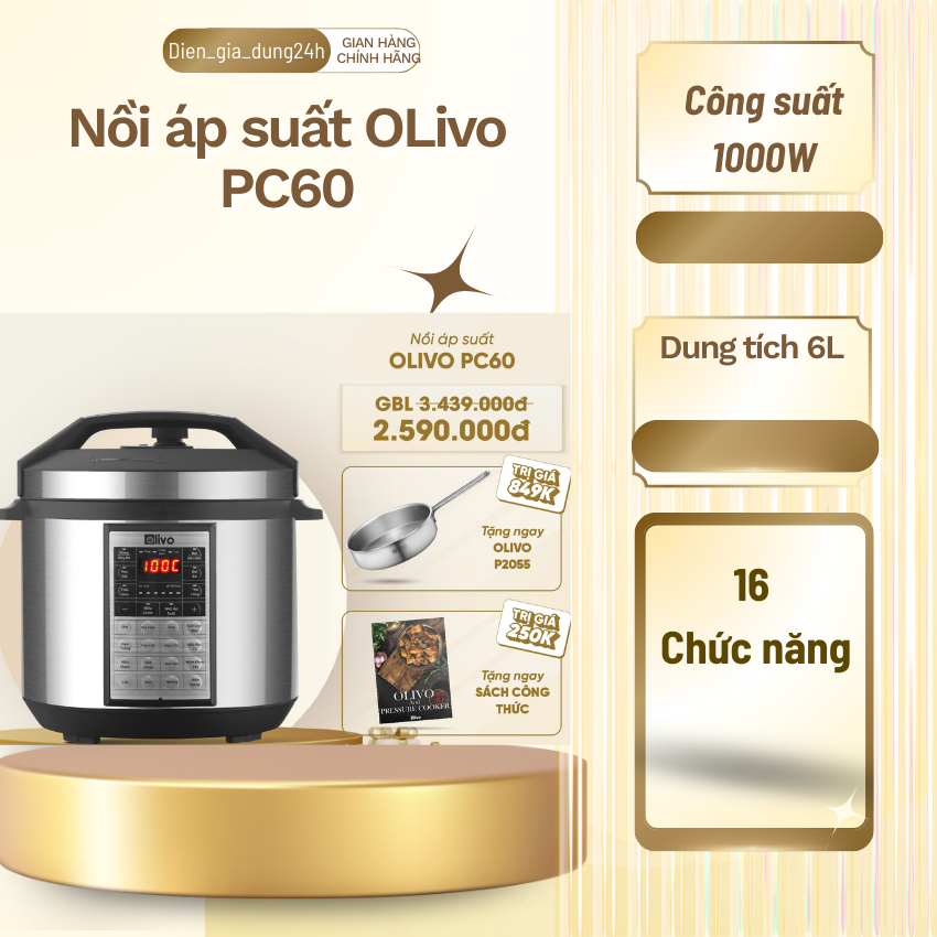 Nồi Áp Suất Điện Olivo PC60 ,16 Chức Năng, Dung Tích 6l, Công Suất 1000W