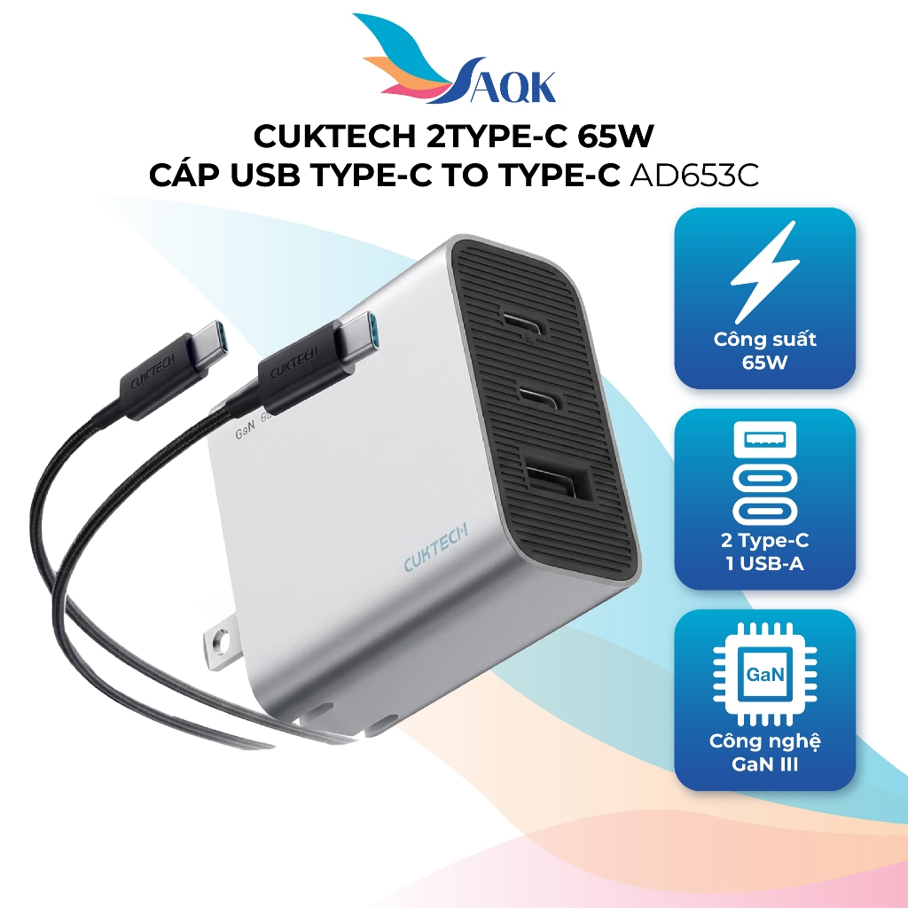Combo cốc sạc Cuktech 1USB 2Type-C 65W + Cáp USB Type-C to Type-C AD653C - Hàng chính hãng