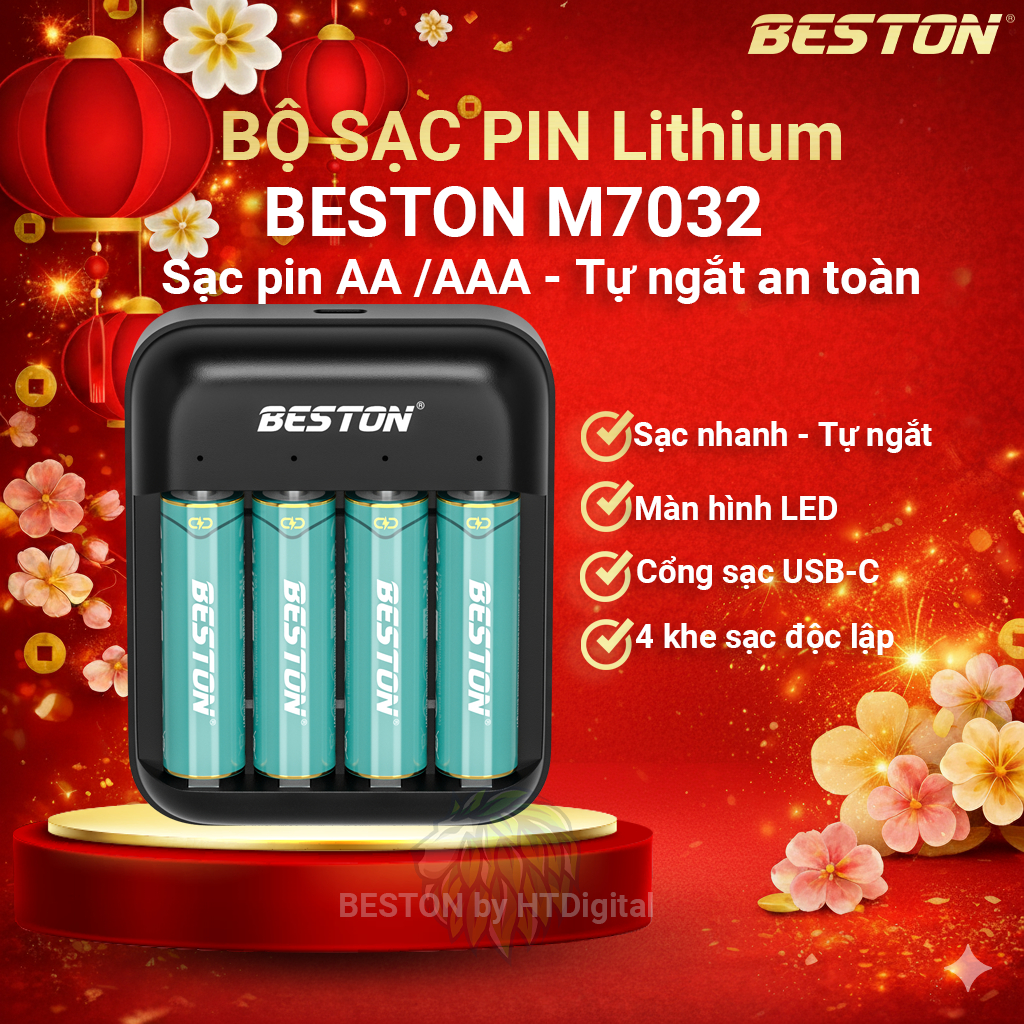 Bộ Sạc Beston M7032 Cho Pin Lithium 1.5V AA và AAA - Sạc Nhanh, Tự Ngắt, Có Đèn Báo, 4 Khe Tiện Lợi