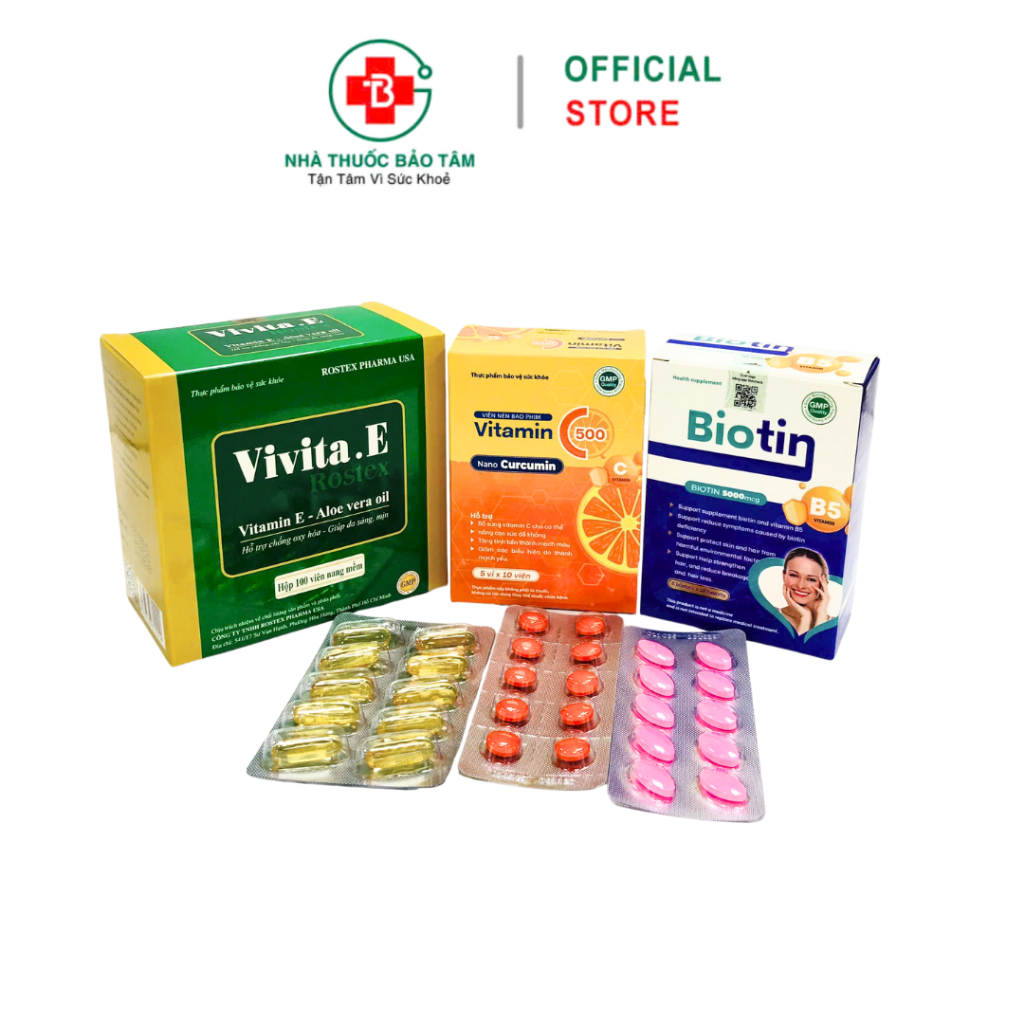 Combo Chăm Da Đẹp Da: Vitamin E Vivita.E + Vitamin C 500 + Biotin B5 - Hộp 50 viên