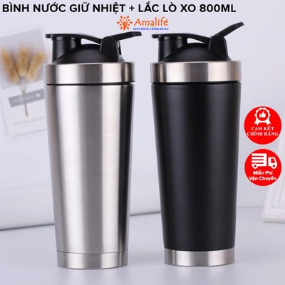 Bình Nước Giữ Nhiệt Thể Thao Có Bóng Lò Xo Lắc Pha Whey Shaker Chất Liệu Inox 304, Bình Lắc Tập Gym Hãng Amalife