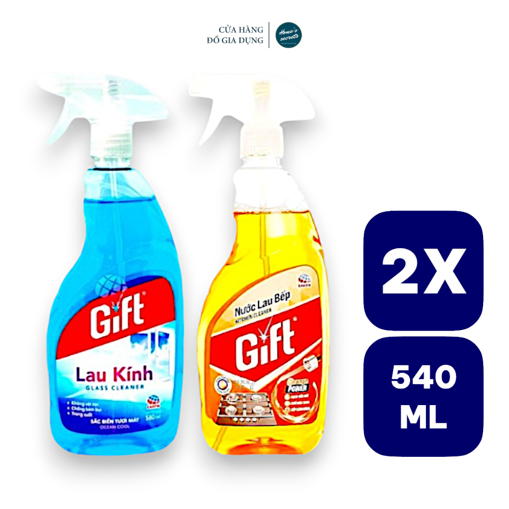 [Combo] Nước lau kính Gift 540ml + Nước lau bếp Gift 540ml Sạch Bóng Sáng Ngời