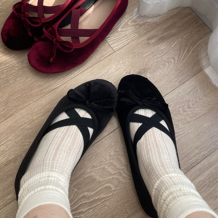 Giày búp bê nhung nữ Blaue Blume quai chéo mũi tròn buộc nơ maryjane vintage - Fiona Velvet Ballet