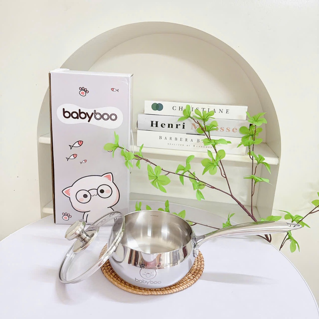 Quánh Inox 304 Nguyên Khối babybooo, nồi inox 3 Đáy Dày, Nắp Kính Cường Lực, An Toàn Cho Bé Ăn Dặm