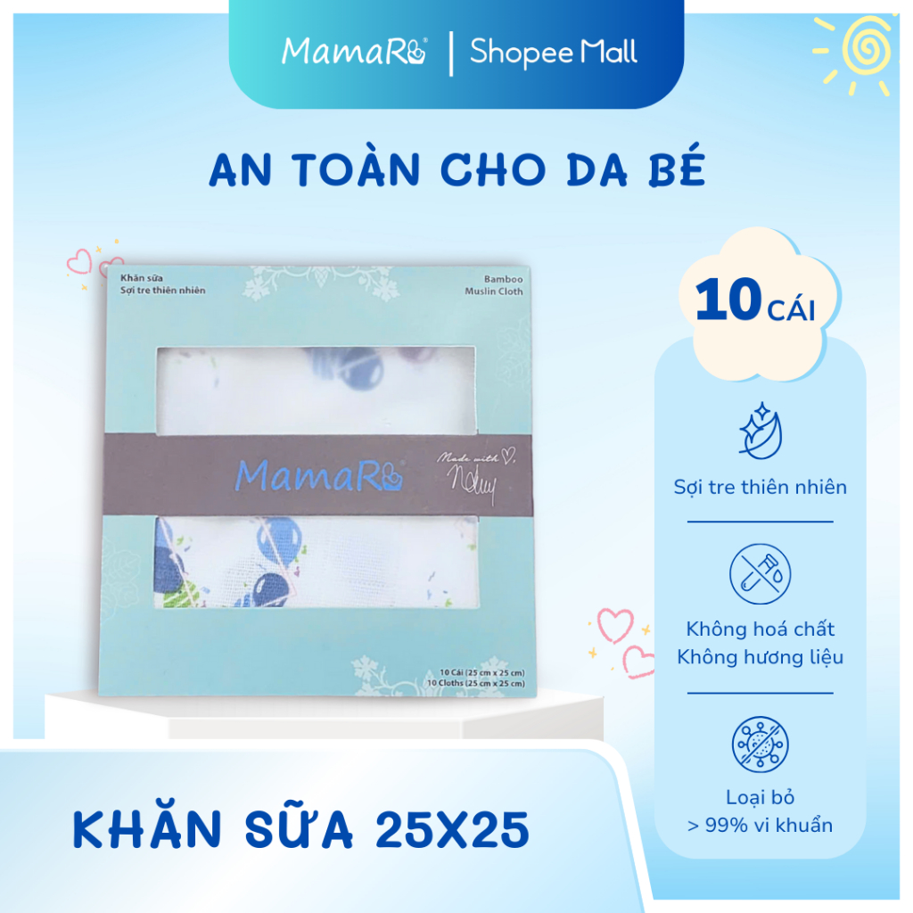 MamaRu - Khăn sữa sợi tre 25x25 - MC101 - 10 khăn