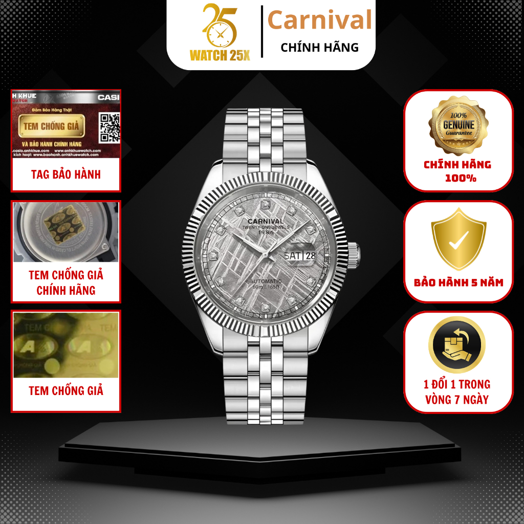 Đồng Hồ Cơ Nam Carnival 8131G-VT-TT Watch25x - Dây Thép Không Gỉ Lịch Thứ Ngày Mặt Thiên Thạch