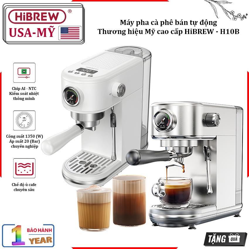 Máy pha cà phê bán tự động Espresso, Cappuccino, Latte. Thương hiệu Mỹ cao cấp HiBREW - H10B