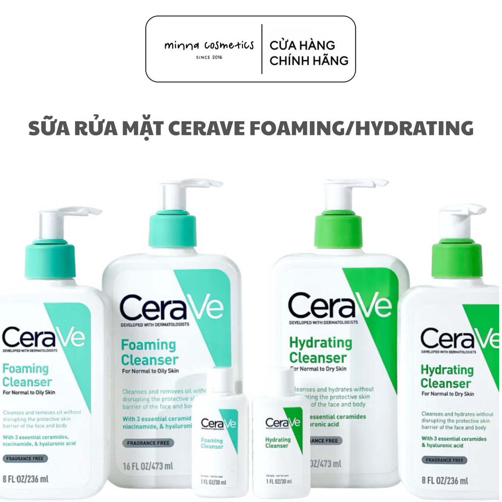 [Cerave] Sữa rửa mặt Cerave Foaming/Hydrating Facial Cleanser cho da dầu/da khô 473ml/236ml