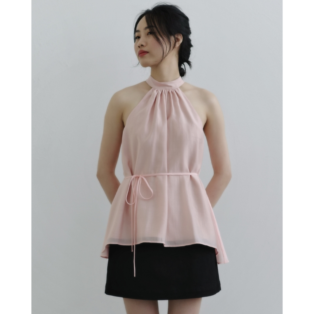 IVORYA - Áo Cổ Yếm Màu Hồng Không Tay - SH9789