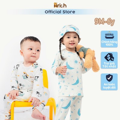 Bộ dài tay cho bé  Arich, bộ dài tay họa tiết trẻ em vải sợi tre petit, thoáng mát, mềm mại (size 9-12m đến 5-6y)