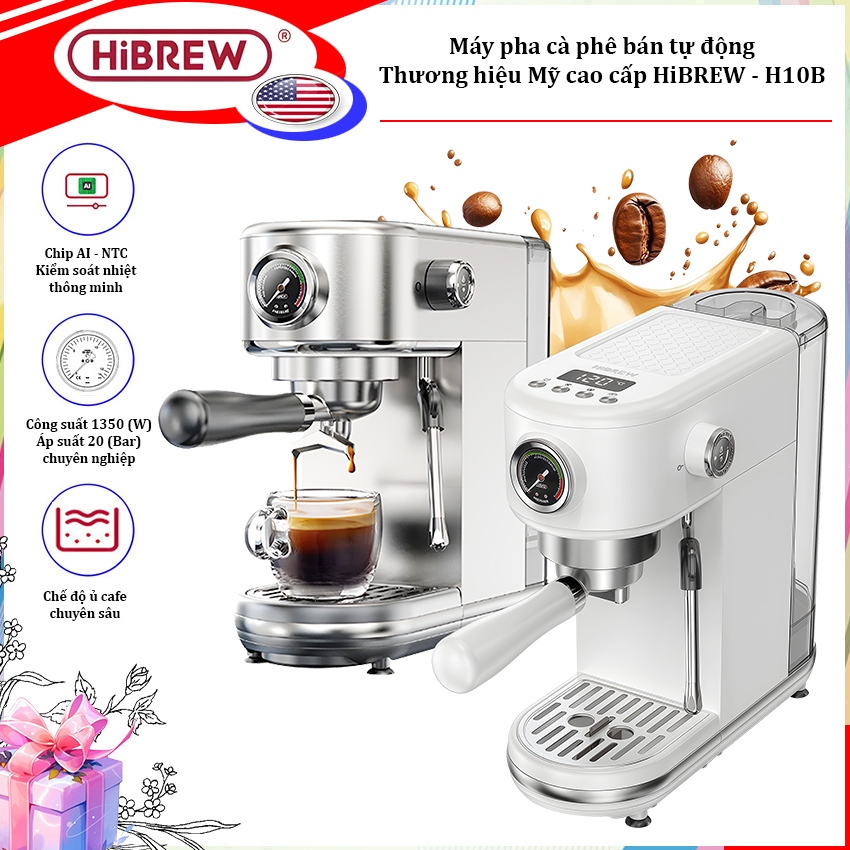 Máy pha cà phê bán tự động Espresso, Cappuccino, Latte thương hiệu HiBREW H10B - Hàng Nhập Khẩu