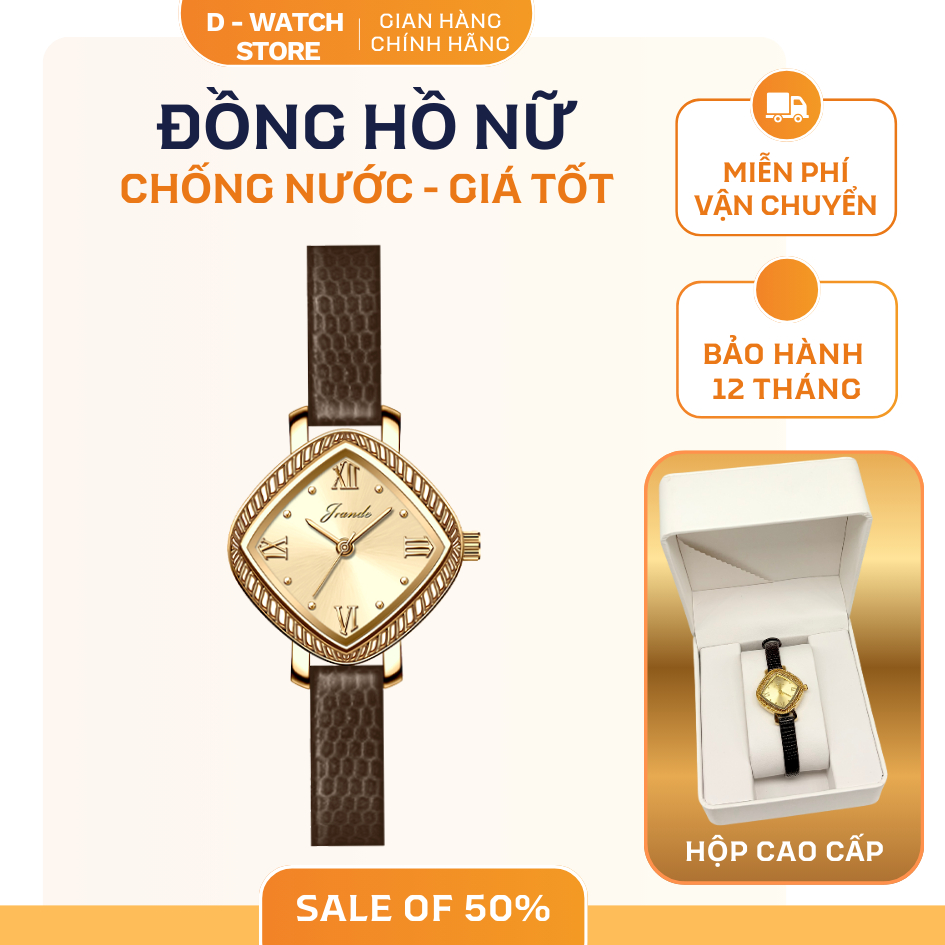 Đồng hồ nữ JRANDE dây da mặt số kim cương – Chống nước, cao cấp