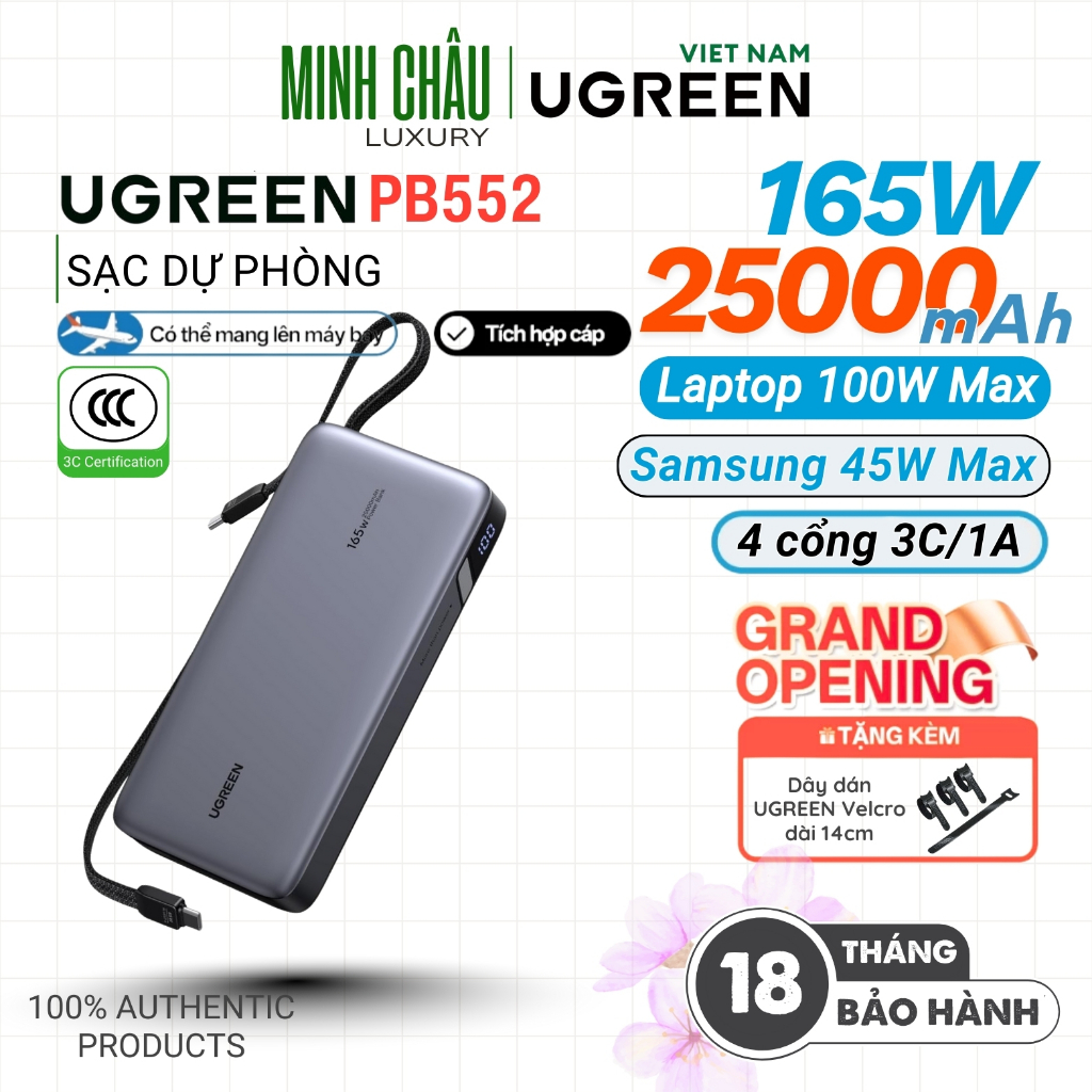 [Tích hợp 2 Type-C] Pin UGREEN 165W 25000mAh 4 cổng |  Hỗ trợ PD, QC, PPS | Sạc nhanh cho iPhone 17 