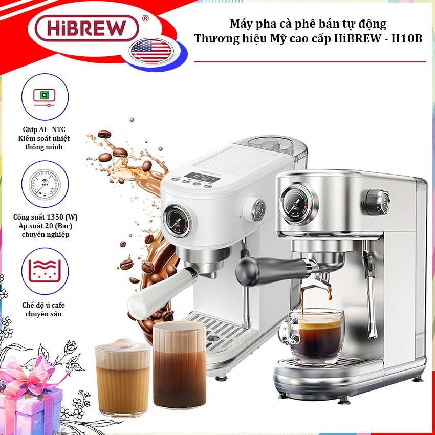 Máy Pha Cà Phê HiBREW H10B Bán Tự Động Thương Hiệu Mỹ, 20 bar, 1350W - Cappuccino, Espresso, Latte