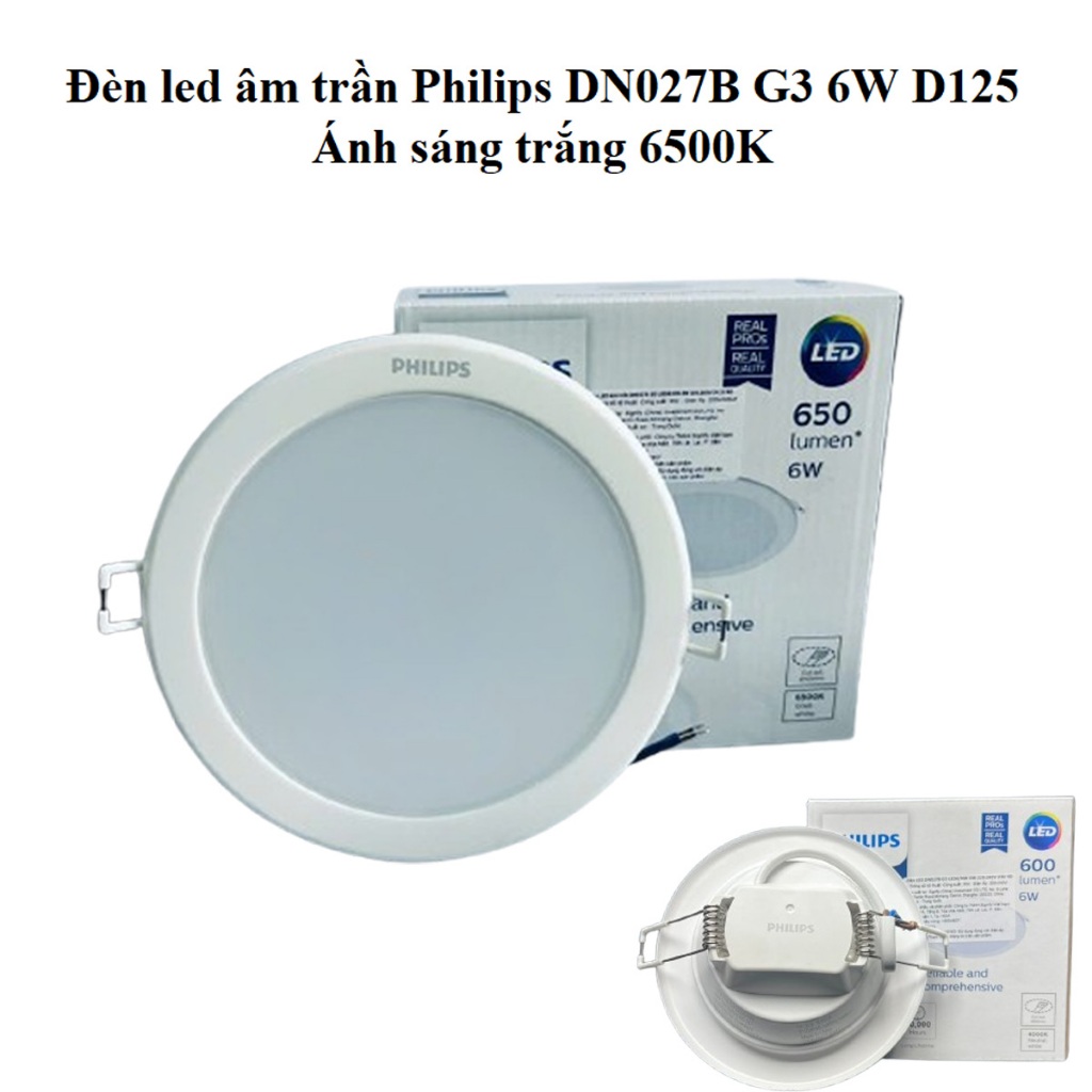 Đèn âm trần Philips DN027B G3 6W ánh sáng trắng, D125, giá tốt bảo hành 24 tháng.